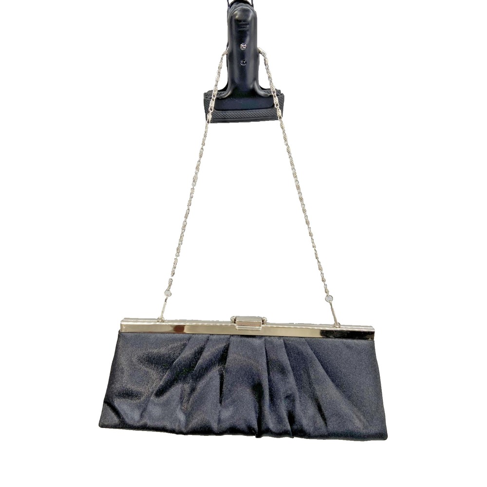 Jessica McClintock Purse Black Satin Pleated Evening Clutch Chain‎ Strap Bag